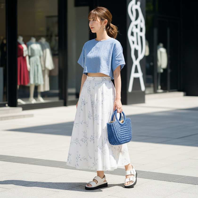 blusa e gonna bianche e blu