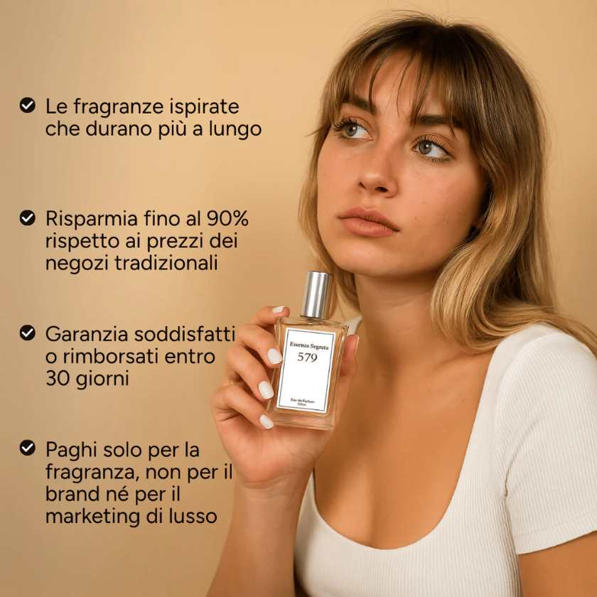 modella tiene in mano profumo essenza segreta 759