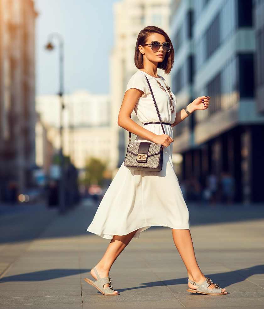 donna con abito bianco cammina per strada