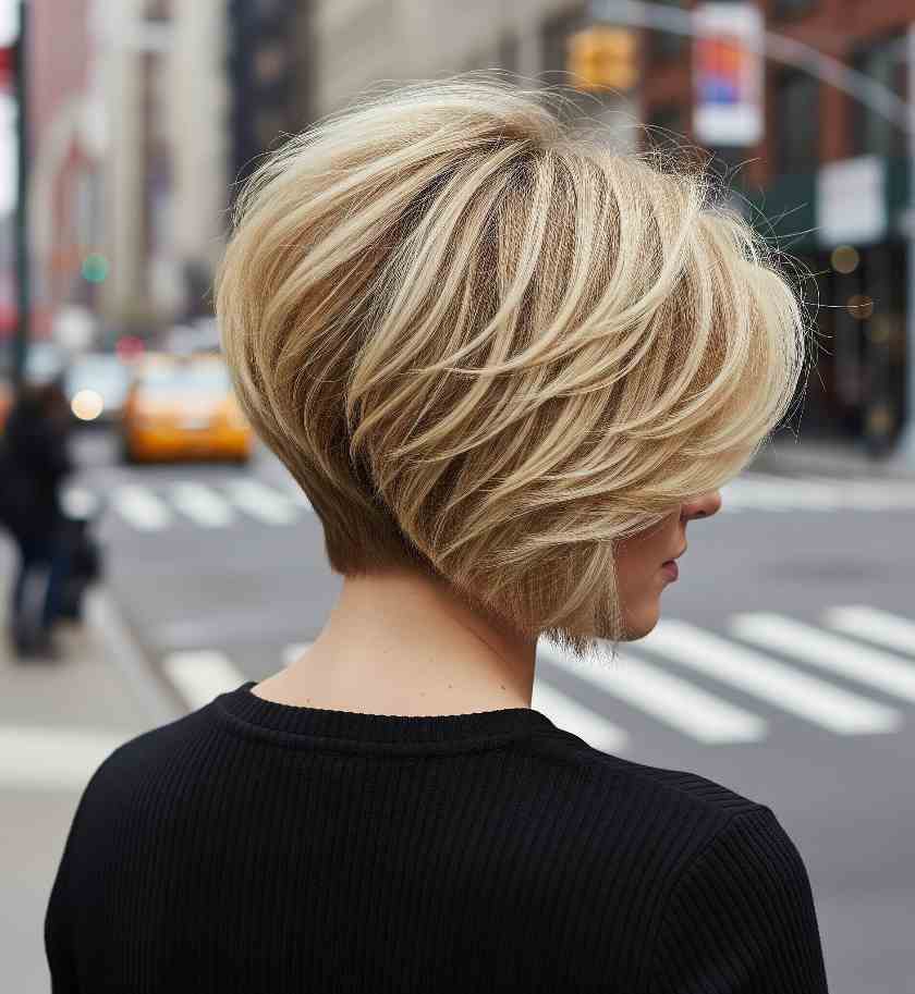 donna con bob corto asimmetrico biondo