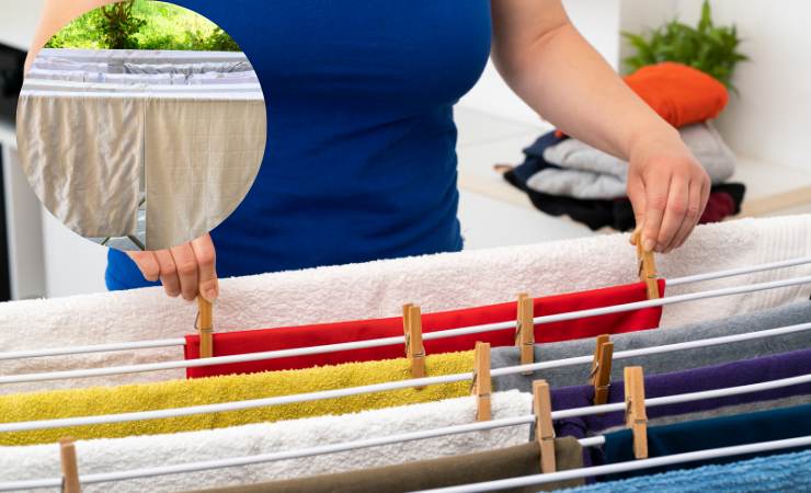 persona stende vestiti su stendino, stendino con bucato