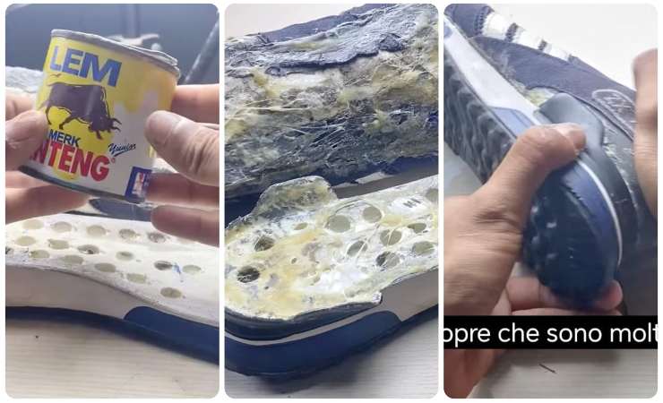 scarpe rotte aggiustate con colla gialla 