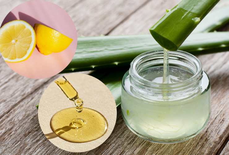 gel di aloe vera, gocce di vitamina E, limone 