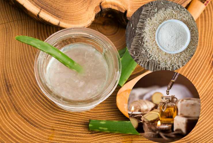 gel di aloe vera, farina di riso e olio dell'albero di té