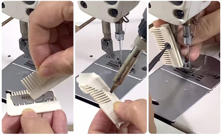 pettine tagliato a metà con rasoio e poi aggiunto alla macchina da cucire