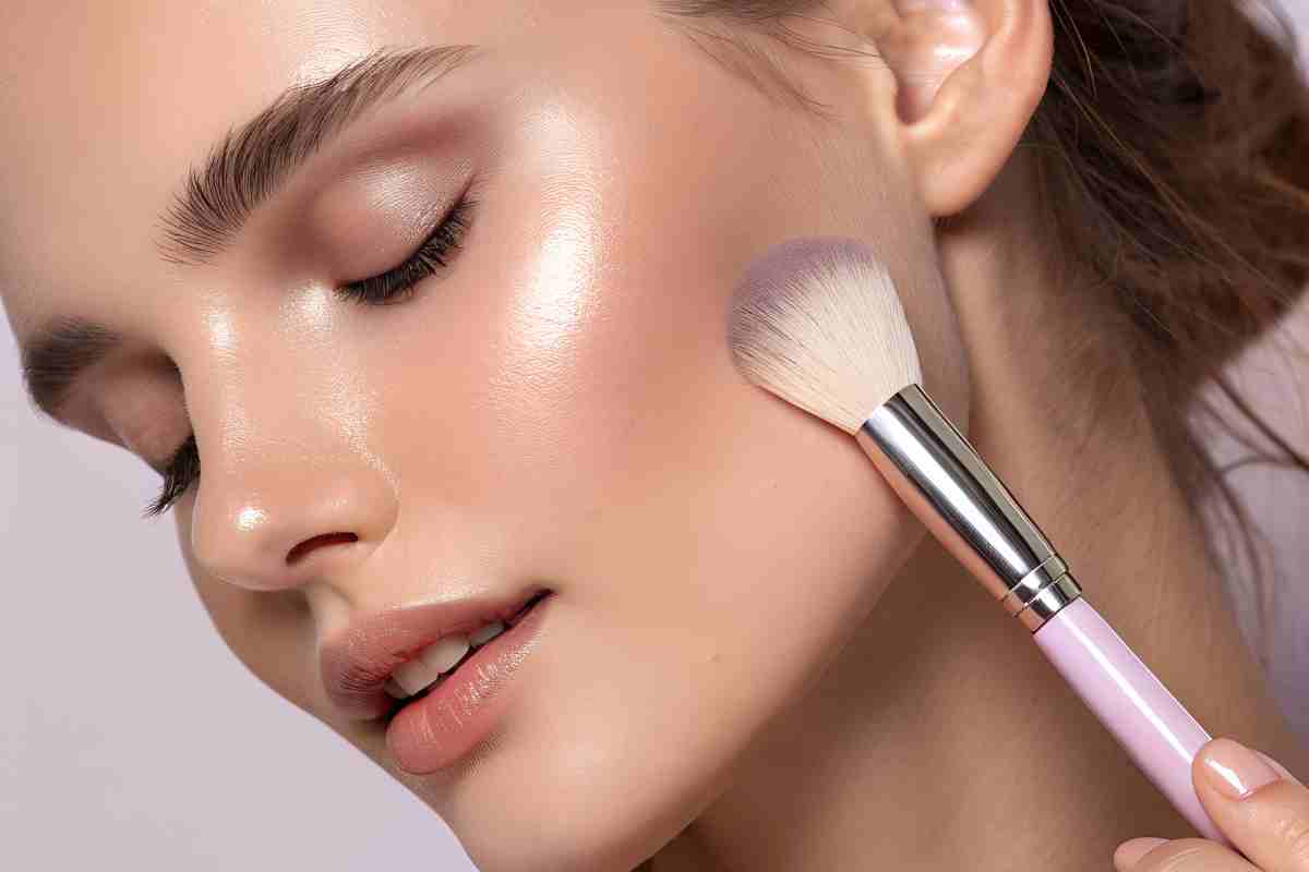 ragazza passa un pennello con il trucco sul viso