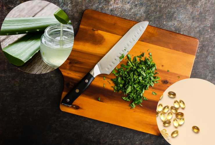 basilico tritato, gel di aloe vera e vitamina E 
