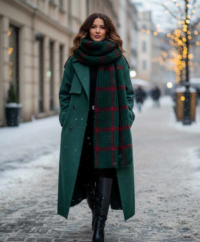 donna con cappotto maxi verde bosco e sciarpa tartan