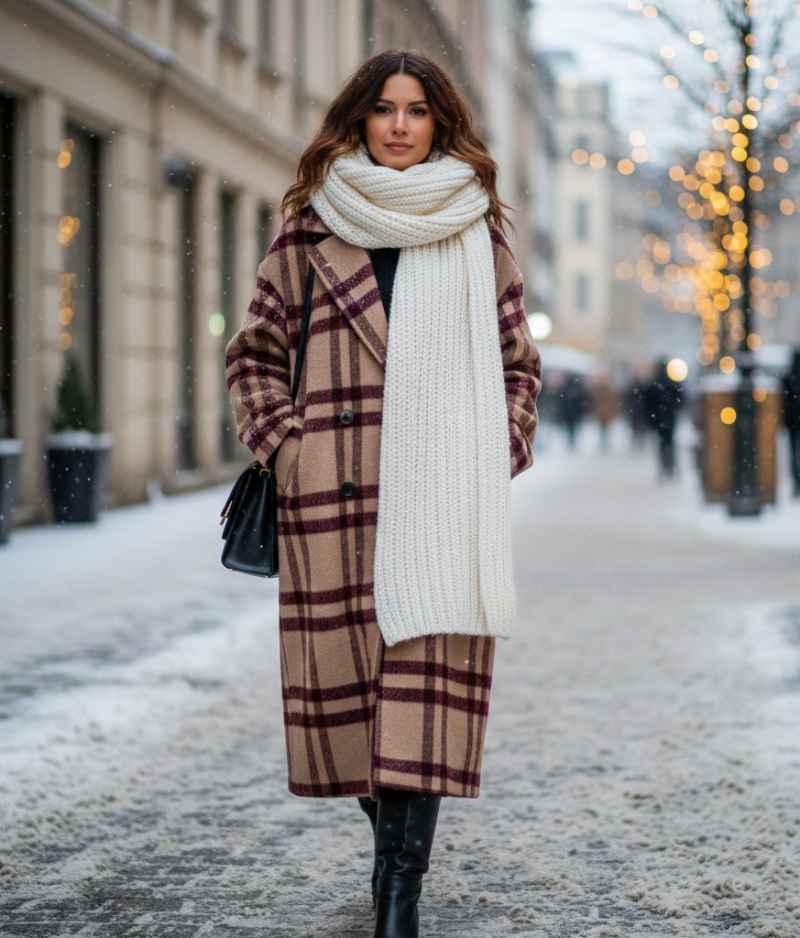 donna con cappotto lungo tartan e sciarpa bianca