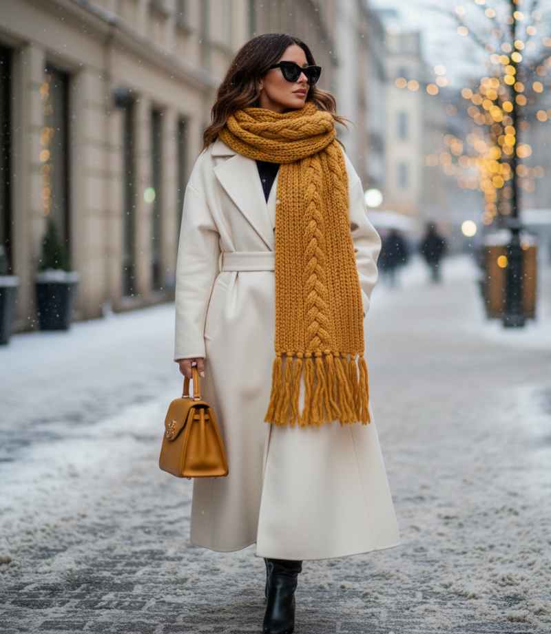 donna con cappotto svasato bianco e sciarpa ocra