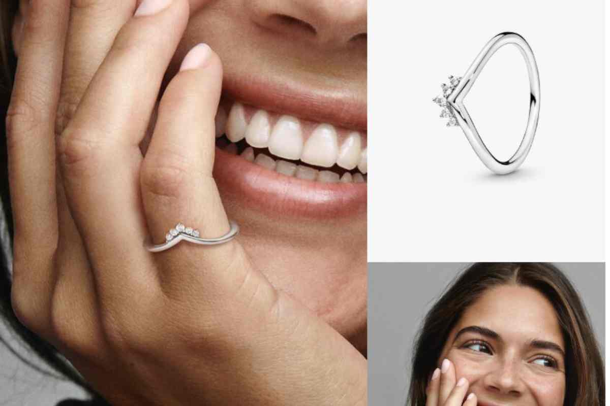 tre foto in collage, donna con anello pandora, anello pandora, donna che sorride