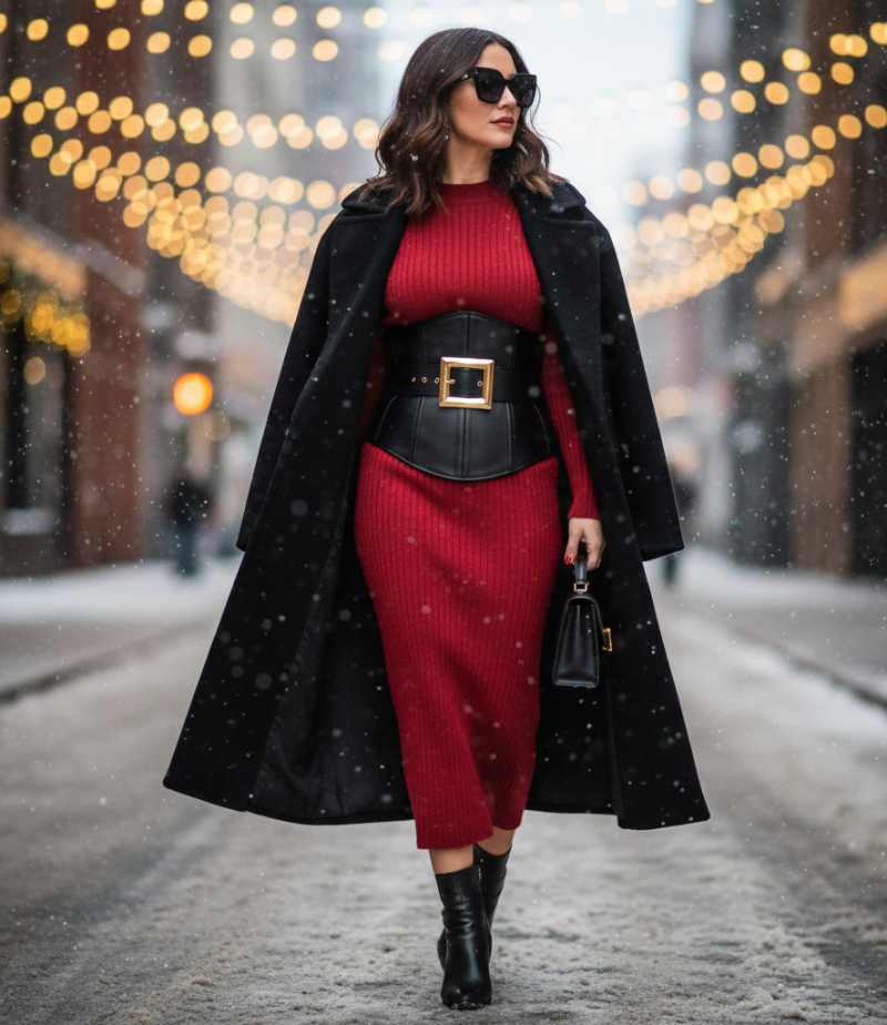 modella con abito in maglia e bustier cintura in pelle