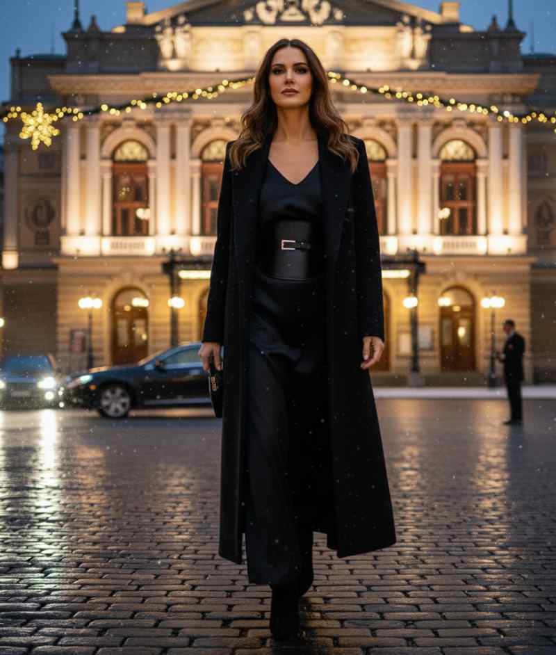 modella con abito satinato, cappotto nero e cinturone in pelle