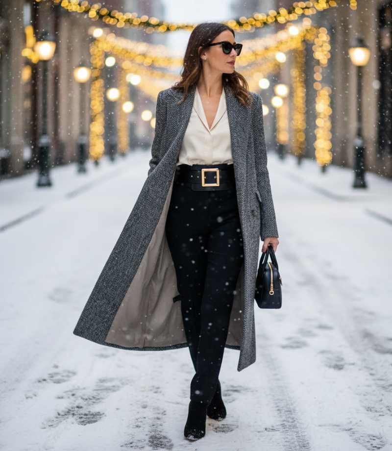 modella con giaccone grigio, camicetta, pantalone e cintura in pelle con fibbia