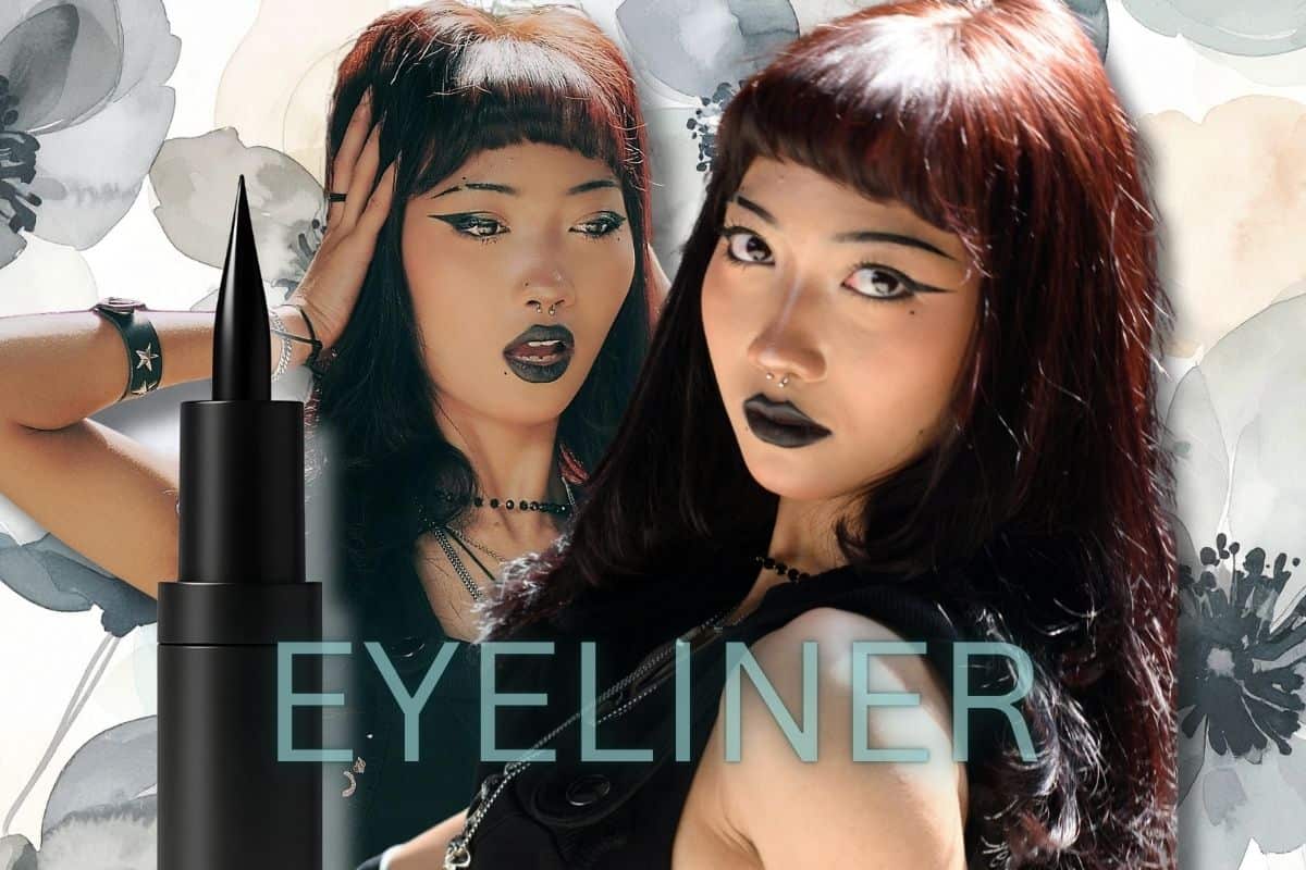 Donna con eyeliner da diverse inquadratura