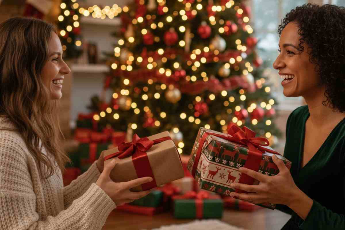 due ragazze si scambiano doni di natale