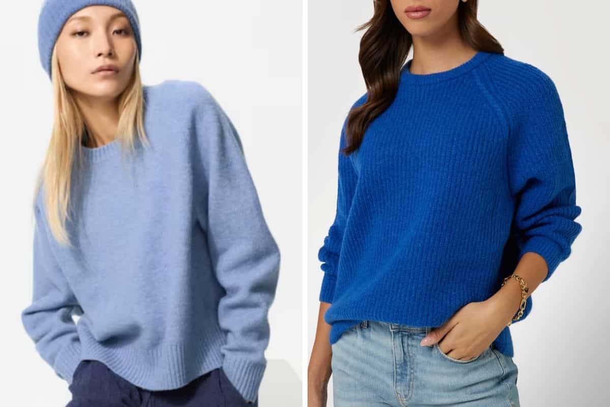Due donne con maglioni cerulei