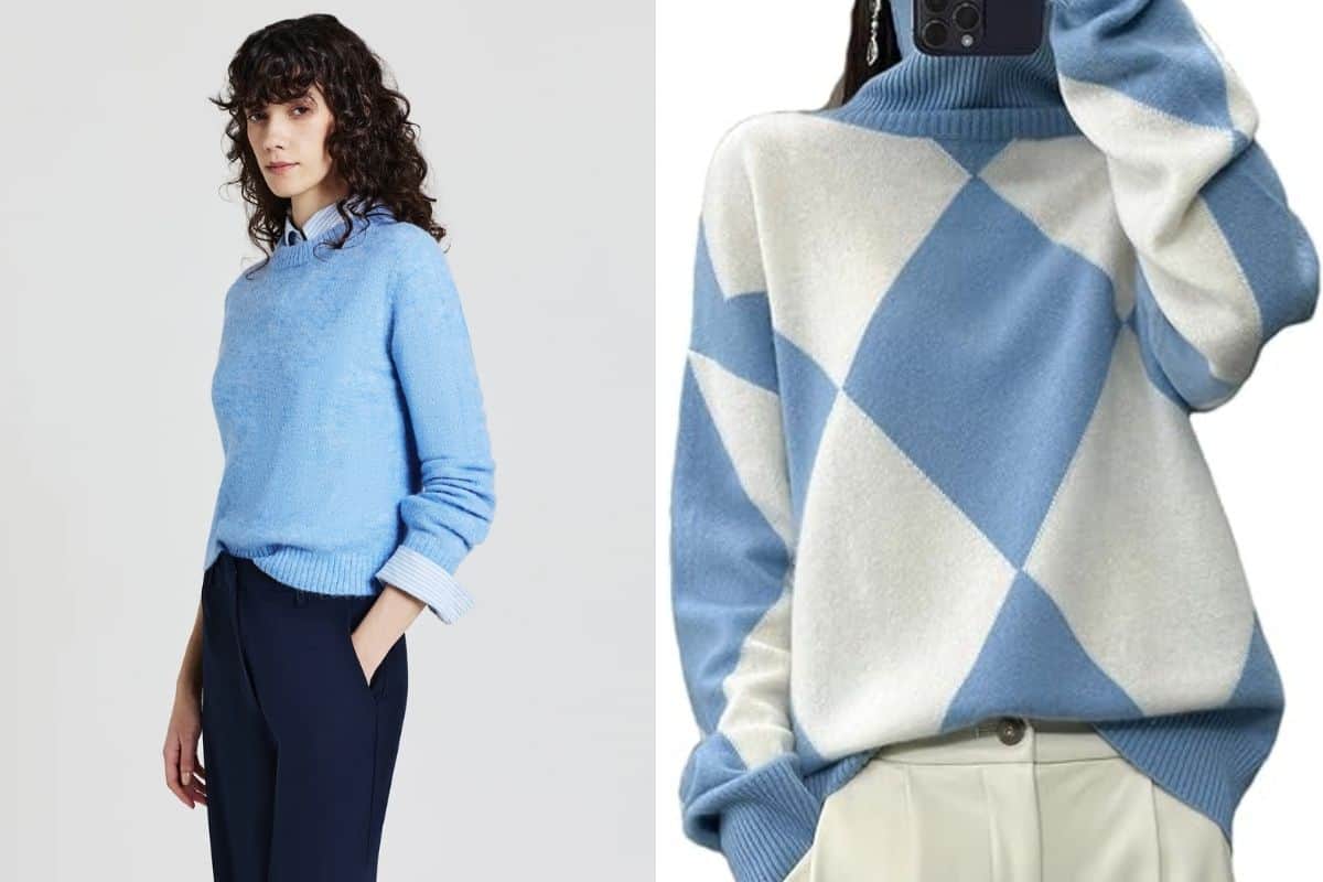 Due donne con maglioni cerulei