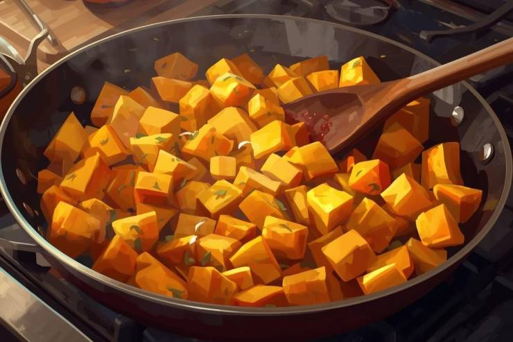 padella con zucca tagliata a tocchetti