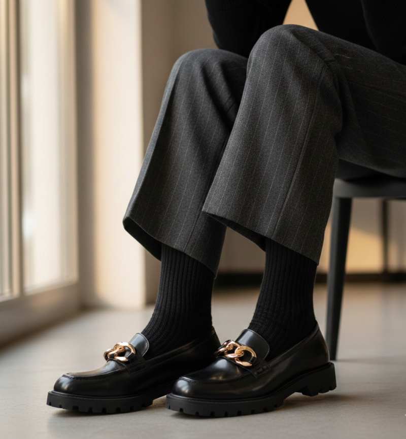 donna con mocassini neri, pantaloni a sigaretta e calze nere