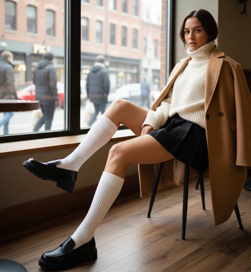 ragazza con minigonna, calze bianche lunghe e mocassini neri in pelle