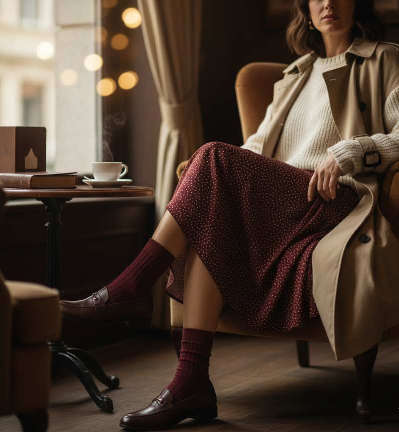 donna con gonna lunga, calze bordeaux e mocassini in pelle bordeaux
