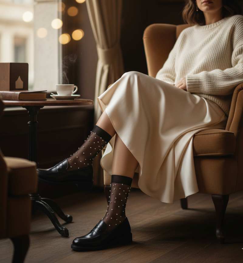 donna con gonna lunga in raso, calze velate con applique di perle e mocassini