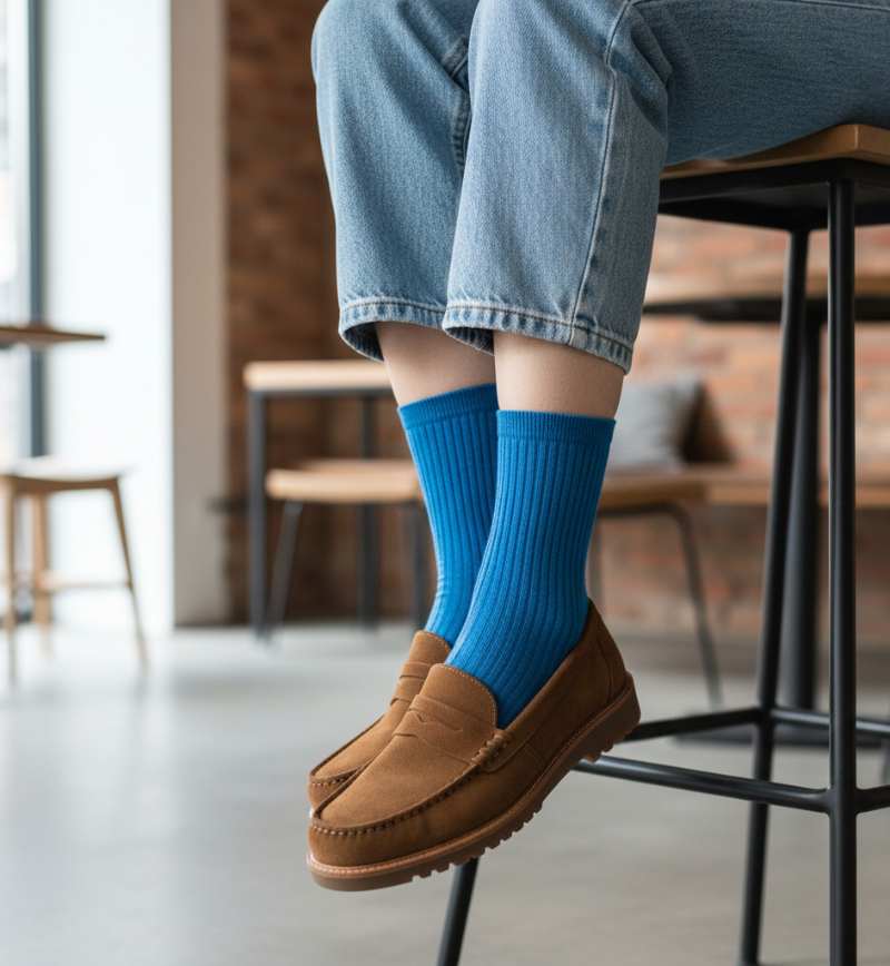 gambe di ragazza con jeans pinocchietto, calze azzurre e mocassini scamosciati