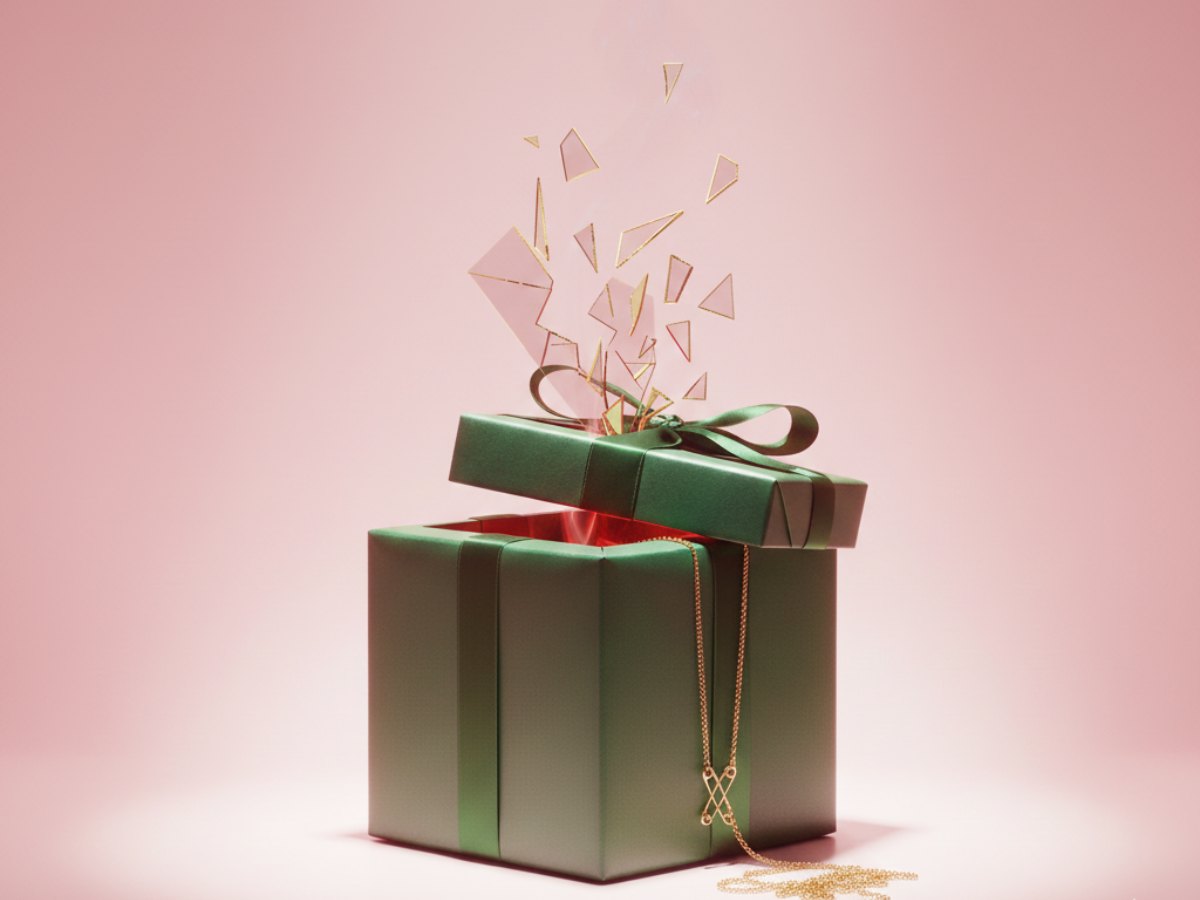 pacco regalo con vetri rotti sulla confezione