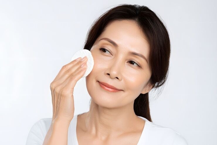 Donna tampona dischetto sul viso 