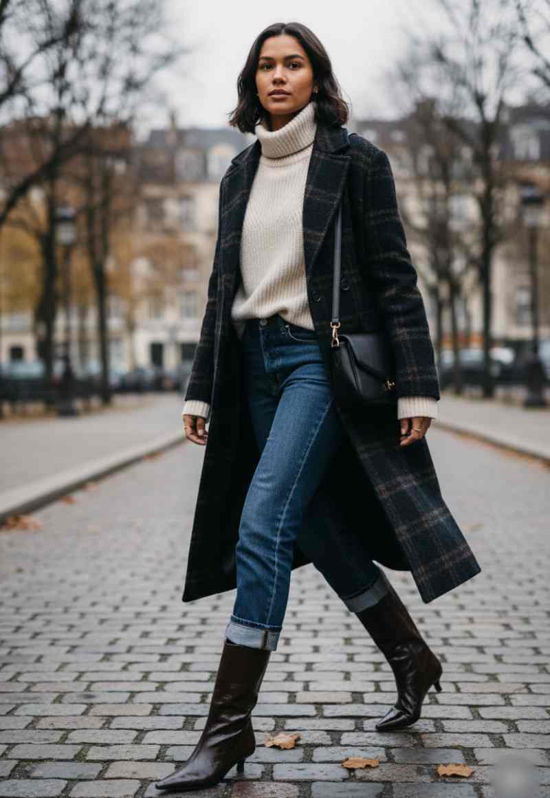 modella con stivali a punta e look invernale