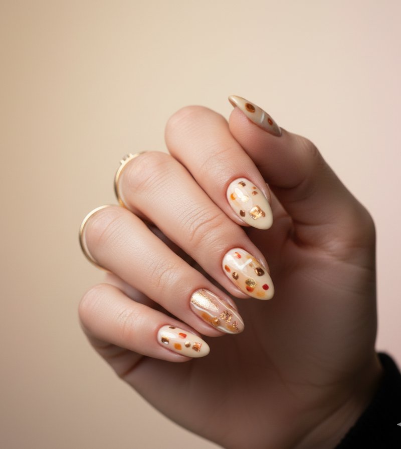 unghie color burro con nail art colorata