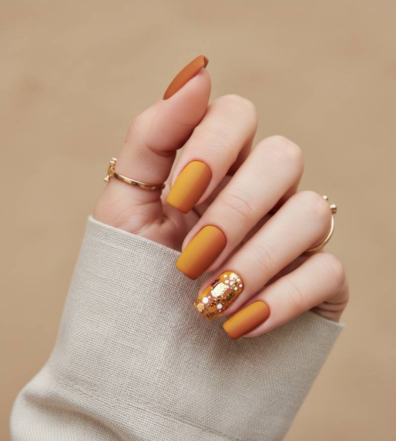 unghie color terracotta aranciato con anulare decorato