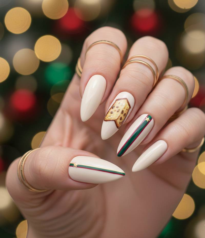 unghie color panna con decori di panettone e nastri natalizi