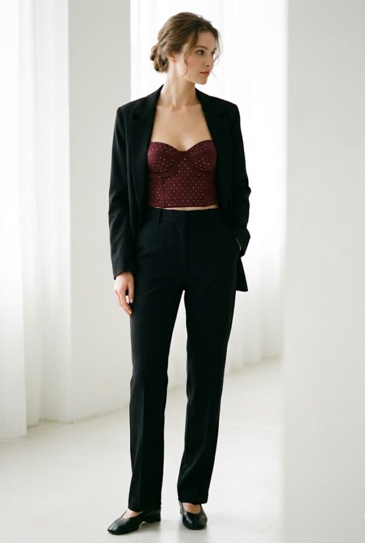 Donna con bustier rosso e completo nero