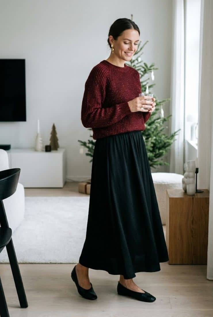 Donna con maglione rosso e gonna nera
