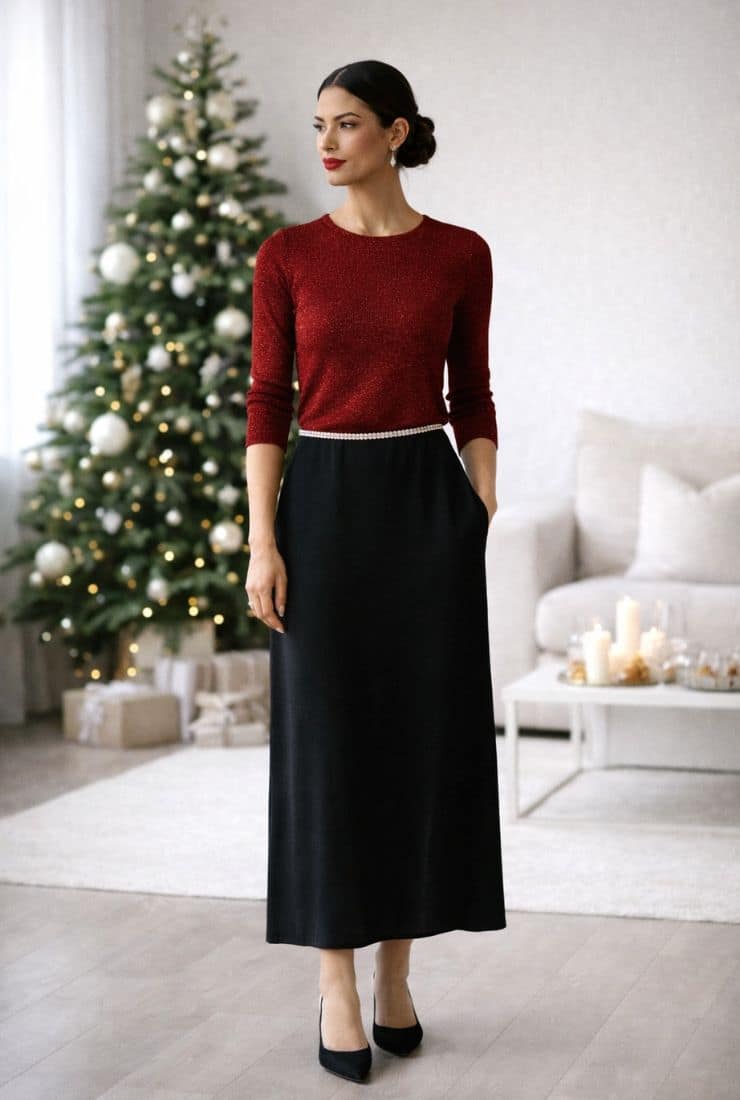 Donna in salotto natalizio con maglia rossa e gonna nera