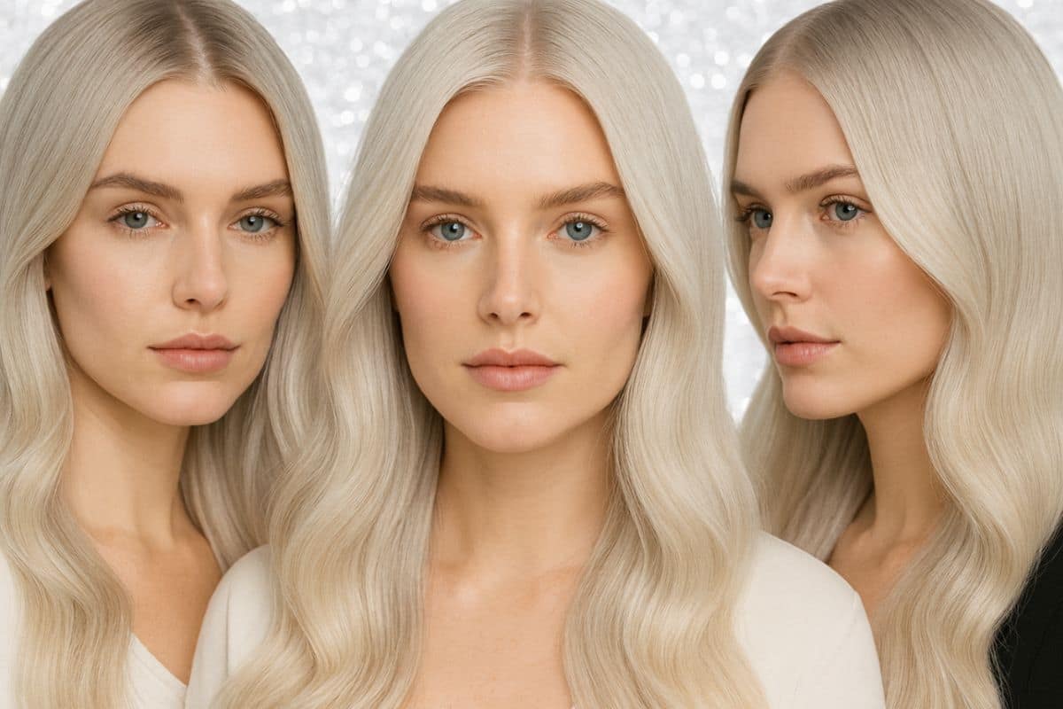 Donna vista da tre angolazioni con capelli biondo ghiaccio