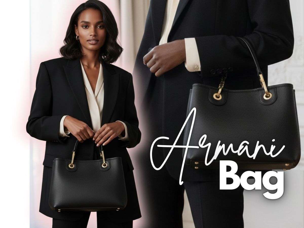 modella con in mano borsa modello armani