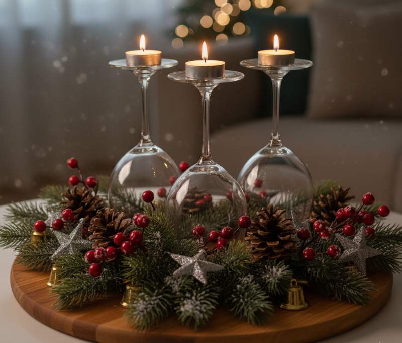 un centrotavola composto con calici di vino e candele