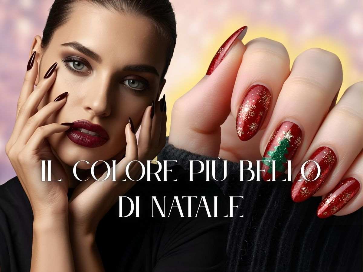 unghie di natale e modella con unghie bordeaux scuro