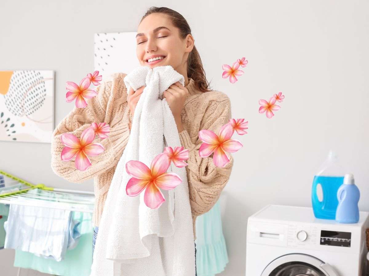 donna felice mentre sente profumo dalla tovaglia