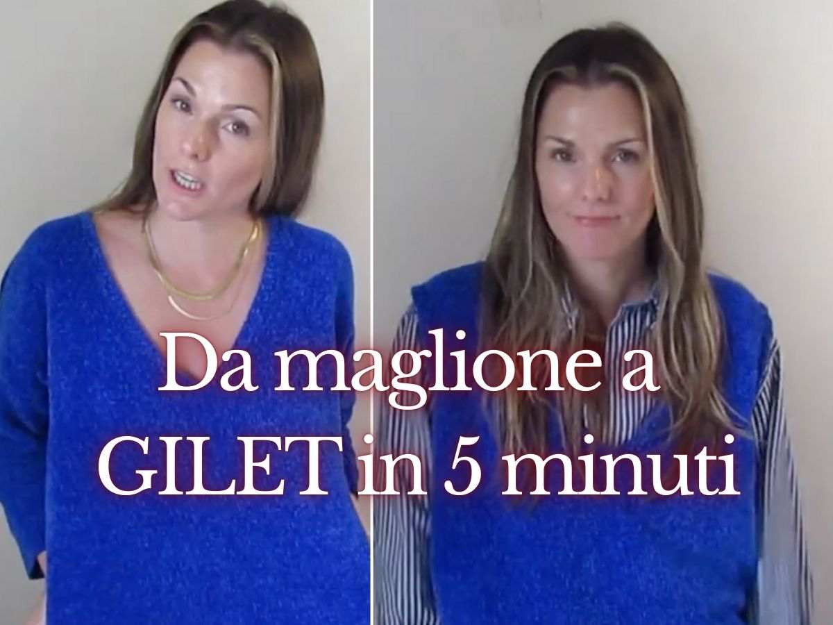 cinderella sew mentre mostra maglione trasformato in gilet