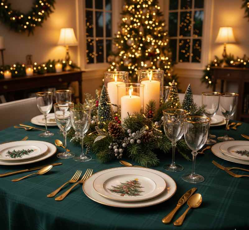 tavola natalizia con tovaglia verde e apparecchiatura in oro e bianco