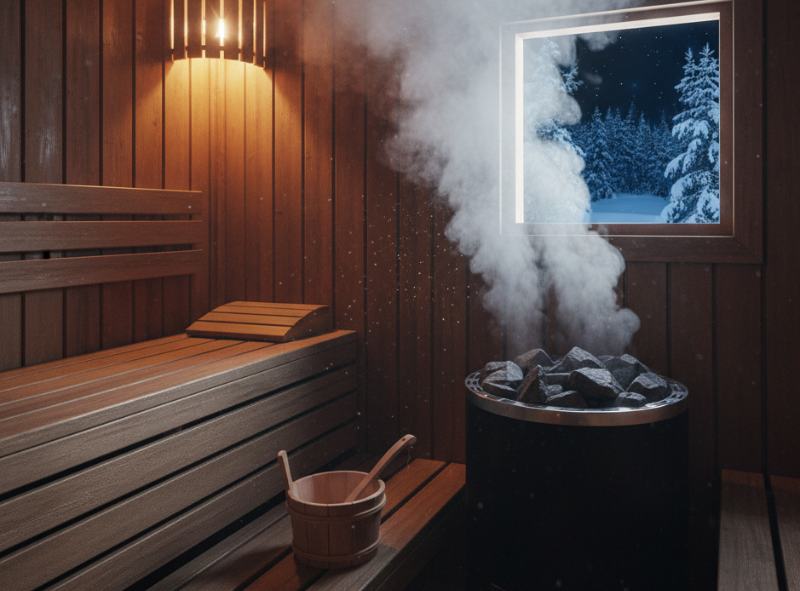 una sauna accesa con finestra che ritrae sfondo finlandese notturno