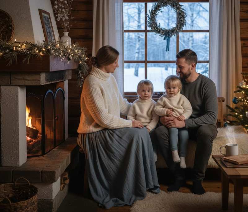 una famiglia finlandese nel proprio salotto