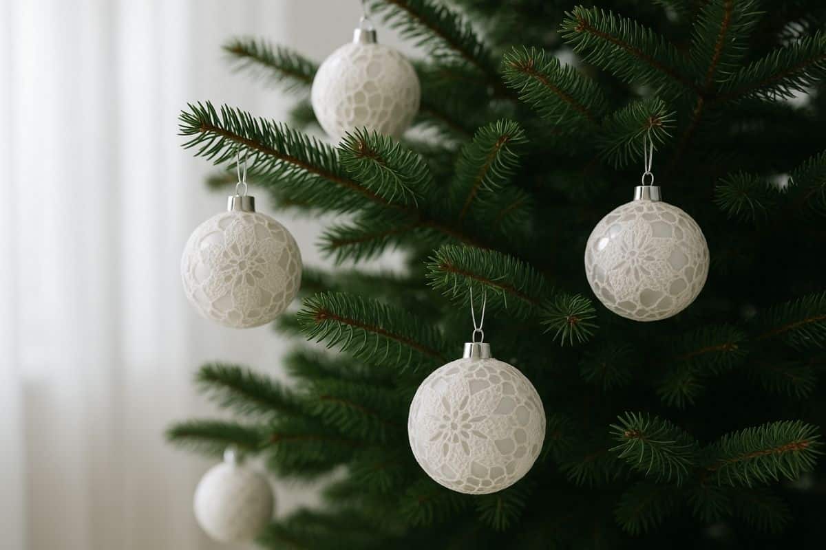 Primo piano albero di Natale con palline in pizzo