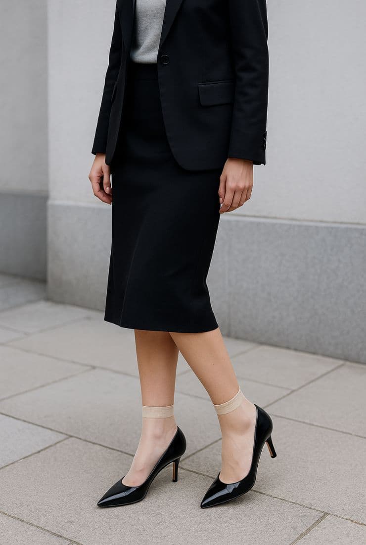 Donna con decoltè e calze corte