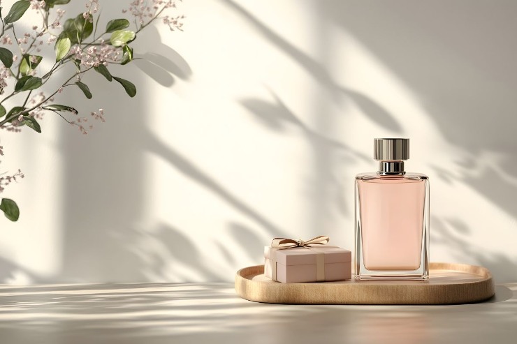 fragranza profumo su piatto di legno