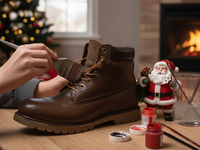 una persona spennella pittura su uno scarpone